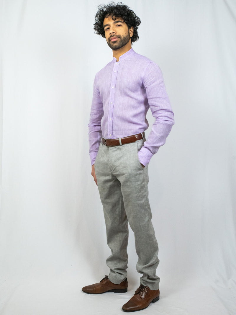 Mandarin Collar Lilac Linen Shirt image 3