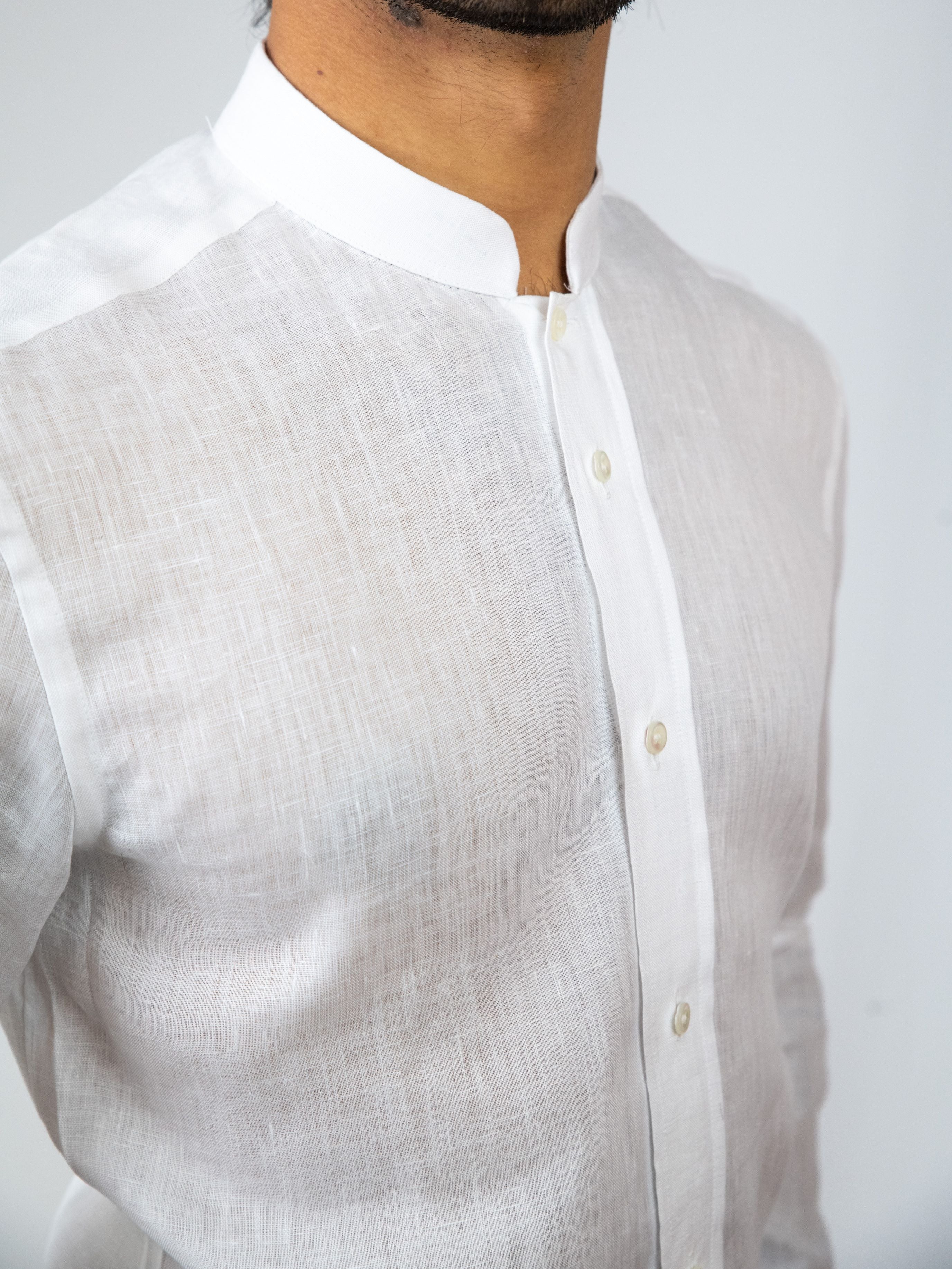 Mandarin Collar White Linen