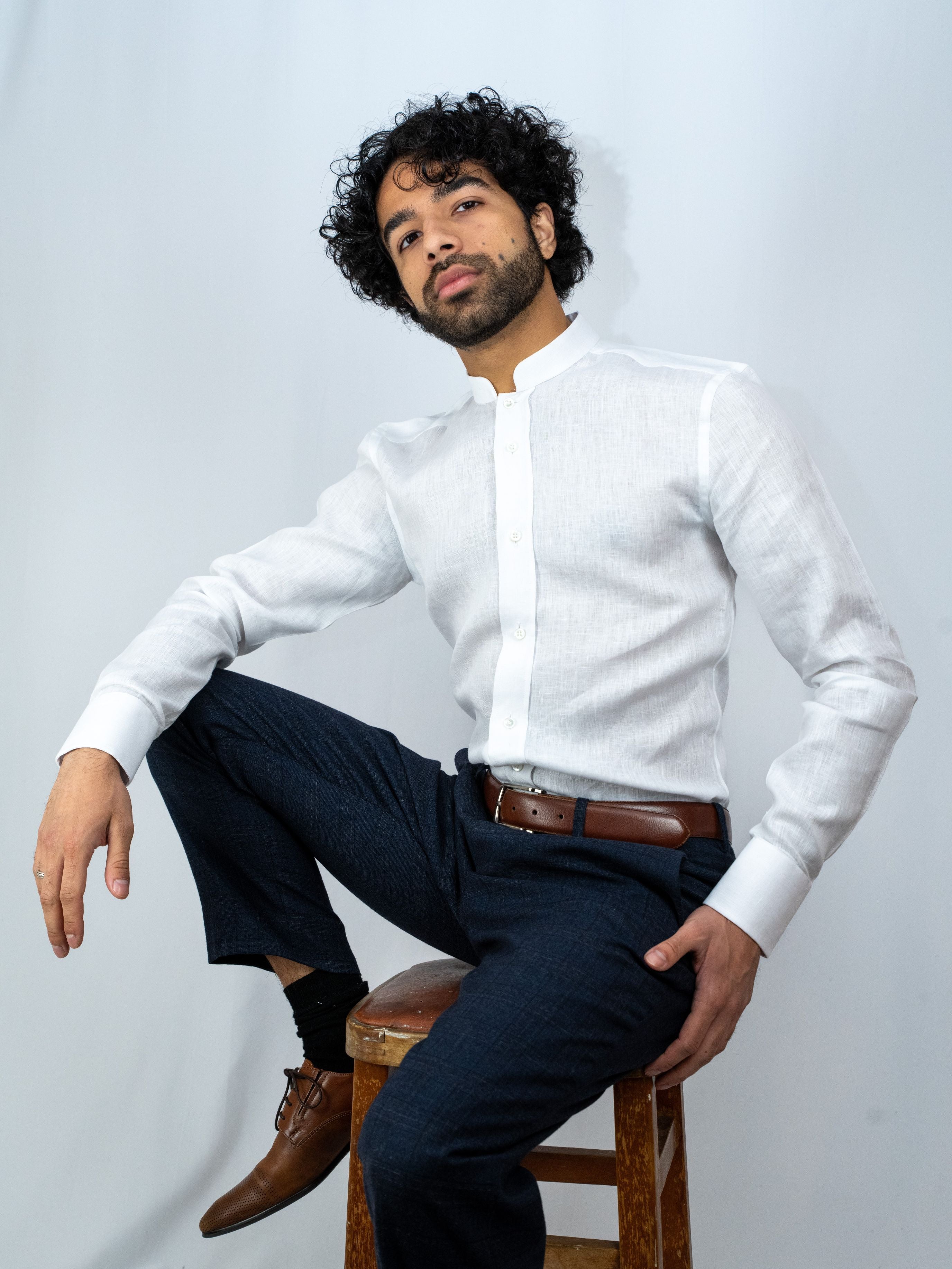 Mandarin Collar White Linen