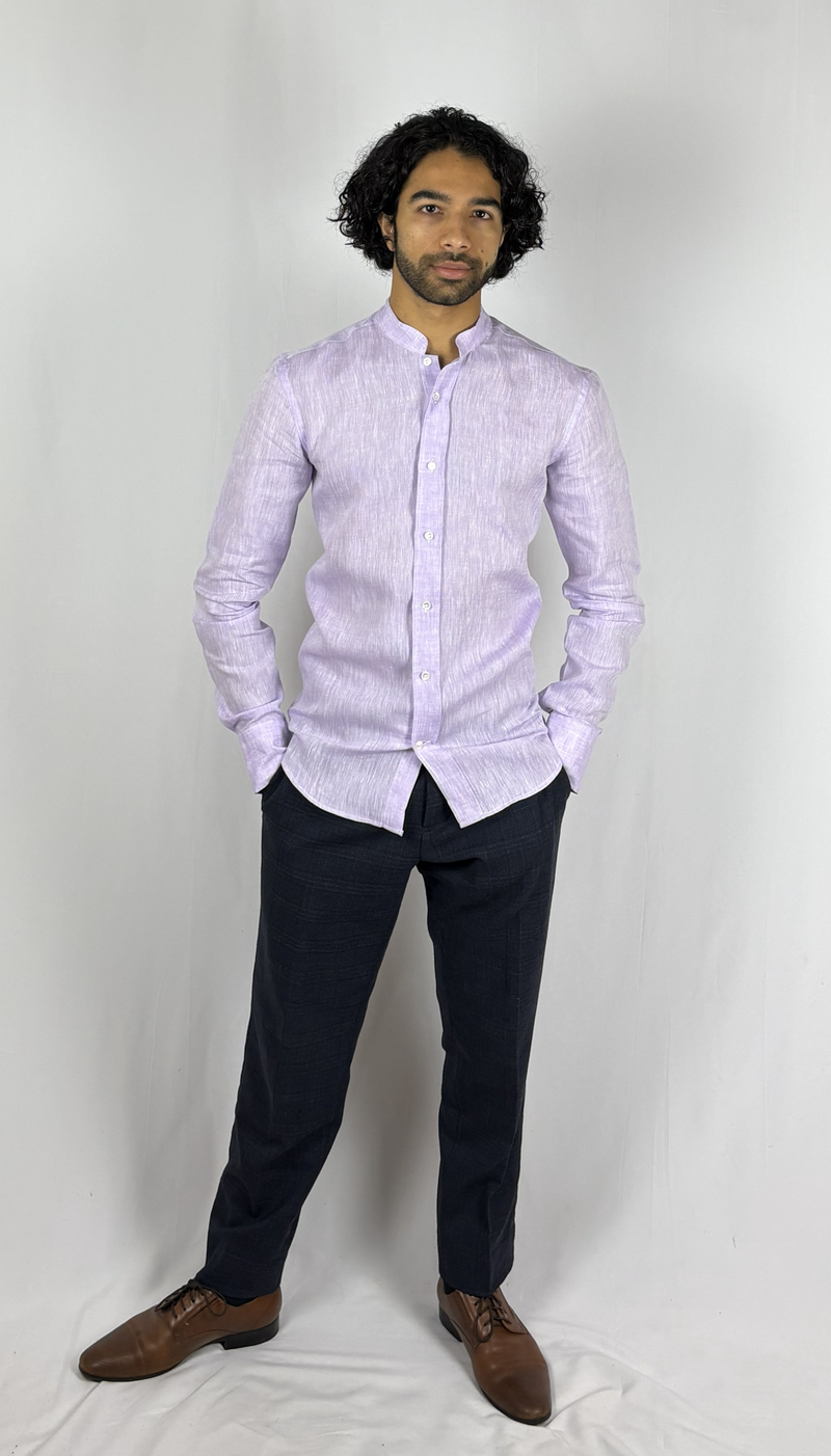 Mandarin Collar Lilac Linen Shirt image 2