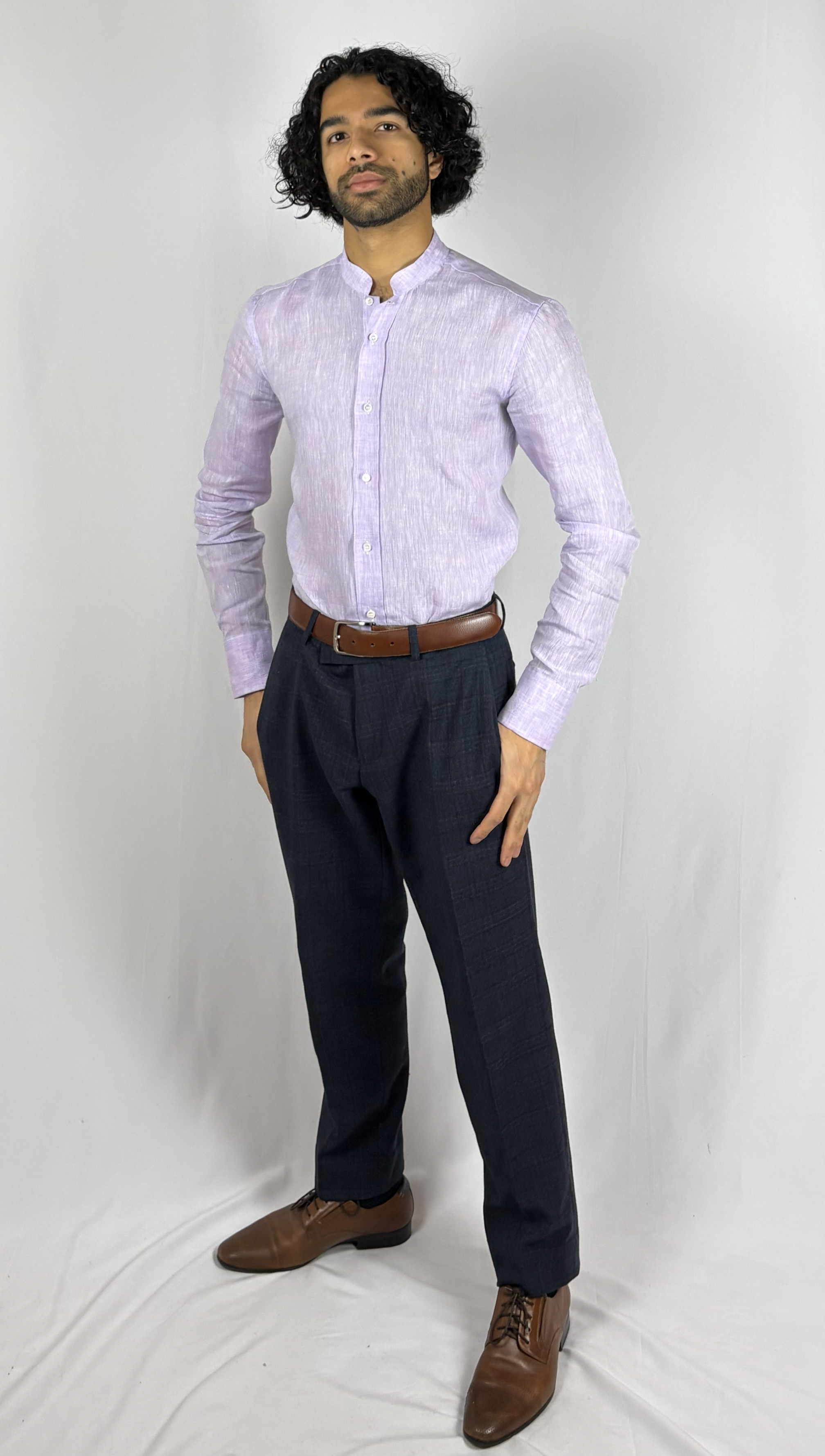 Mandarin Collar Lilac Linen Shirt