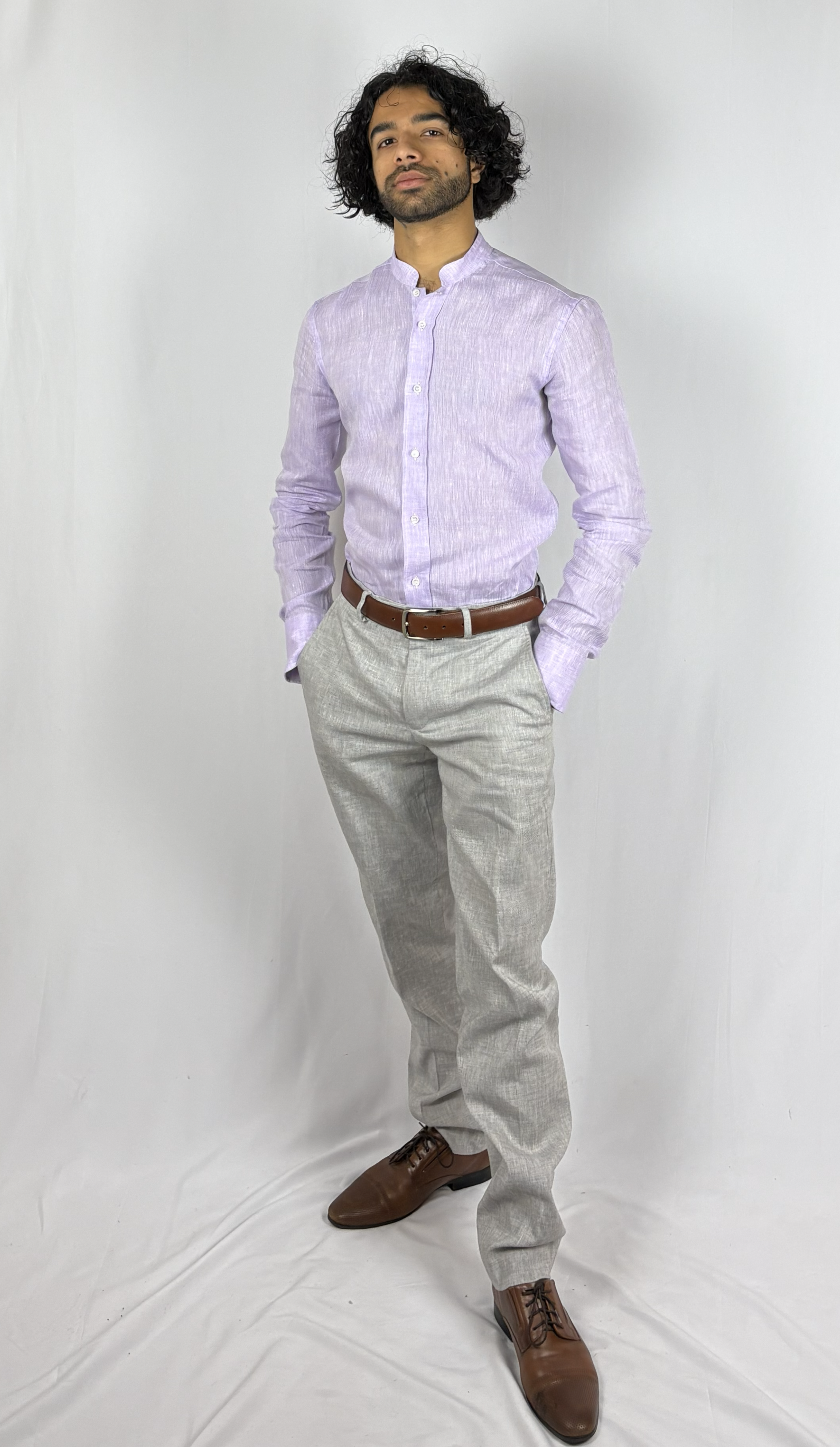 Mandarin Collar Lilac Linen Shirt