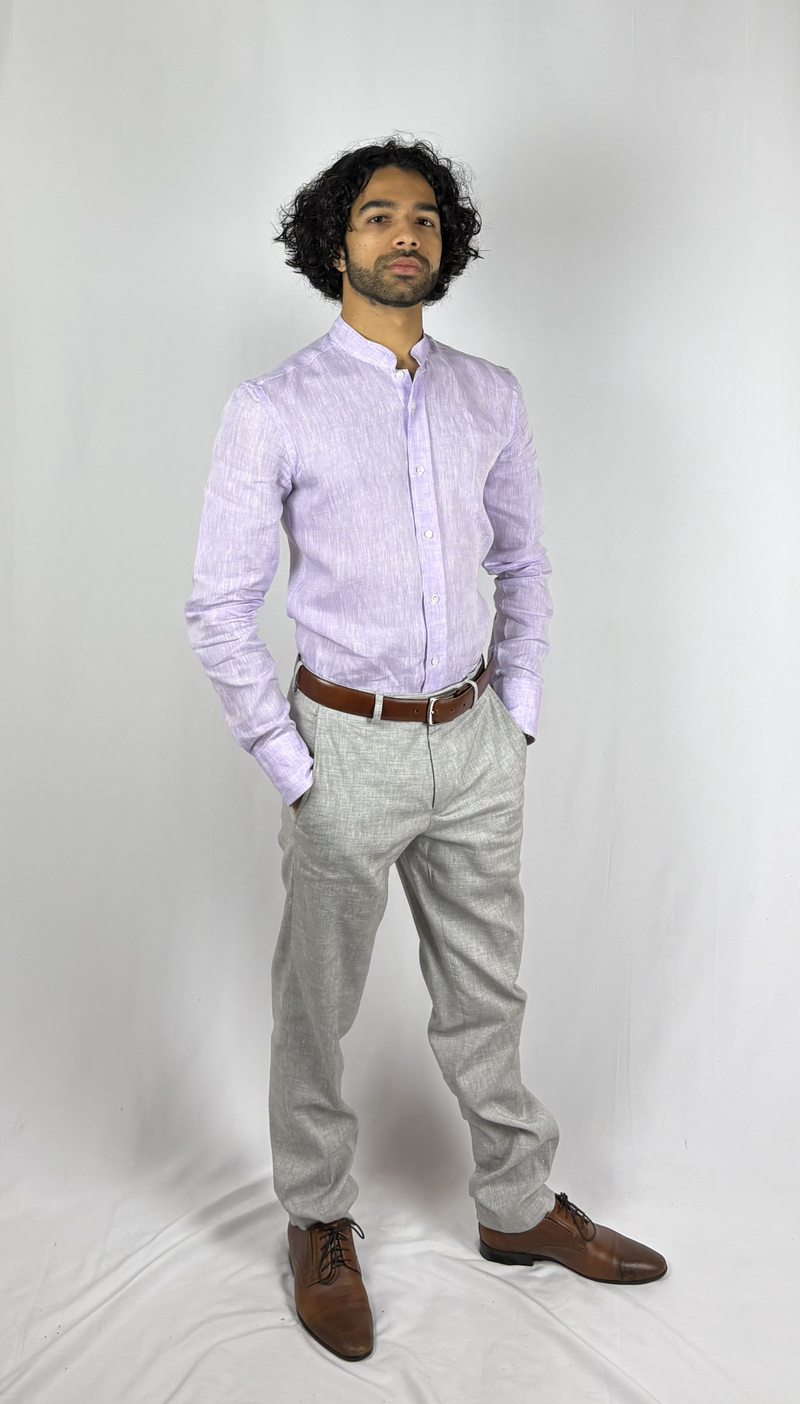 Mandarin Collar Lilac Linen Shirt image 5
